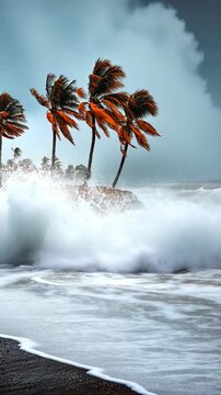 Stormy waves crash against palm trees on a rugged coastline during an intense weather event
