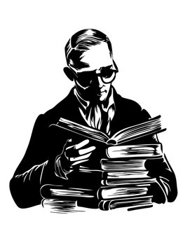 recommend clip art: Vintage Scholar Silhouette Reading Stack of Books Vector Illustration