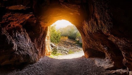 mysterious cave entrance with warm glow nature scene isolated on transparent background
