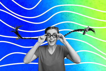 Exclusive art banner collage of astonished girl geek open mouth stupor education school concept...