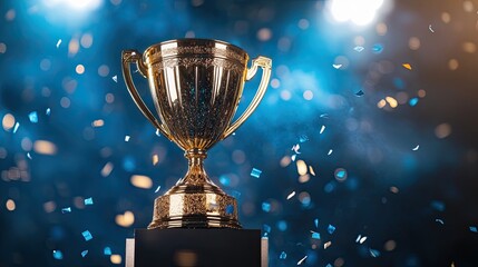 Golden trophy cup placed on a pedestal with floating confetti and dramatic blue stage lighting in a victory celebration scene