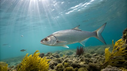 Naklejka premium Realistic Underwater Close-Up of a Silver Fish Swimming Among Coral
