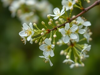 Fototapeta premium Delicate white blossoms and buds on a tree branch, springtime nature, close-up view.