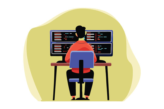 Flat vector illustration of a focused programmer intensely debugging code on a computer screen, showcasing lines of code and error messages.