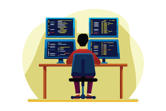 Flat vector illustration of a focused programmer intensely debugging code on a laptop, surrounded by colorful code snippets.