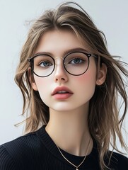 Fototapeta premium Stylish young woman wearing simple black round eyeglasses