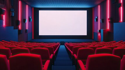 Fototapeta premium Modern movie theater with red seats and blank screen illuminated by neon lights in dark cinema hall