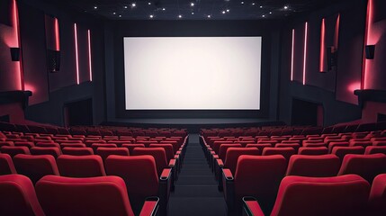 Obraz premium Empty cinema hall with red seats and large blank screen in modern theater with dim lighting