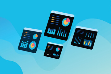 Generate an image of semi-transparent, floating pie charts and bar graphs, showcasing data visualization in a 3D space.  Emphasis on a clean, modern aesthetic.