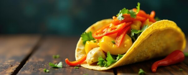 Taco filled with juicy mango chicken curry and topped with crispy habanero pepper strips, presentation, habanero, pepper