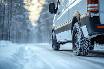 Delivery van with winter tires on a snowy road