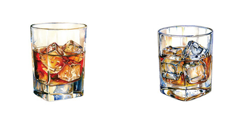 whiskey on the rocks watercolor vector illustration