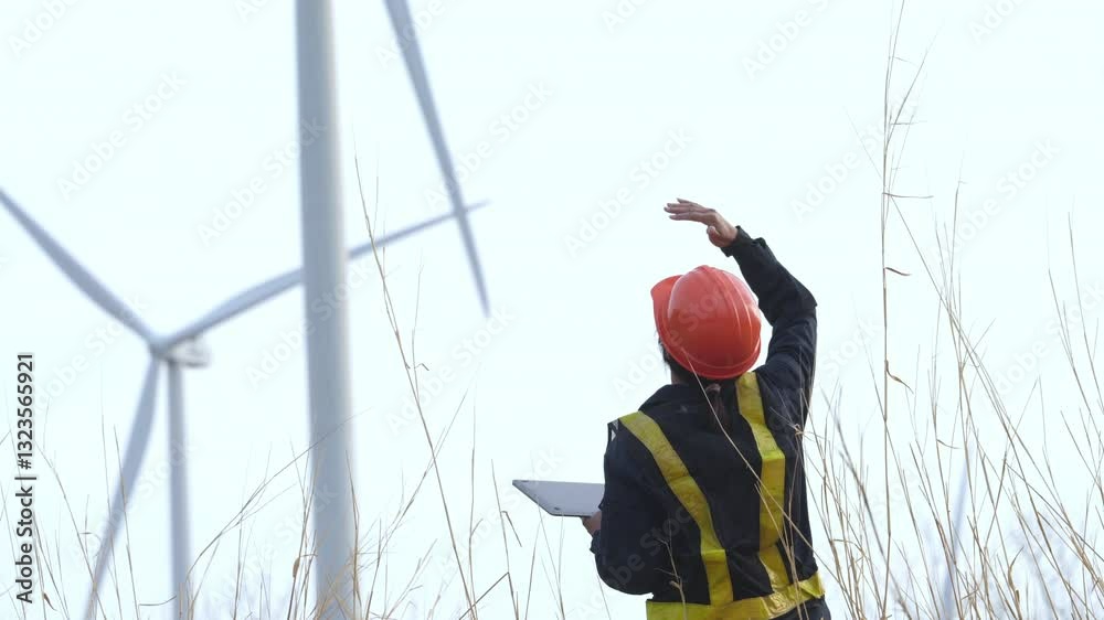 Poster close-up rear view of engineer inspecting wind turbine