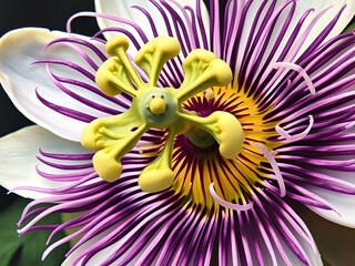 Close-up of a vibrant passion flower showing intricate details of petals and central stamen.
