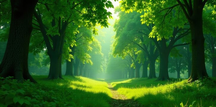 Verde esmeralda densa cubre os troncos de ?rvores, lush green, dense foliage, trees