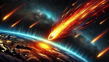 Obraz premium Fiery Meteor Entering Earth's Atmosphere