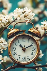 Vintage gold alarm clock among blooming white flowers on tree branch with soft natural light in spring