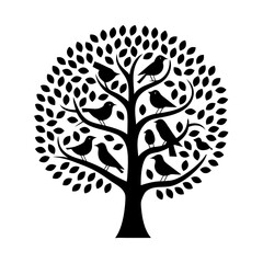 Bird Silhouette Tree with Leafy Branches Vector Illustration