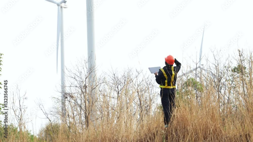Poster full-body rear view of an engineer inspecting a wind turbine.