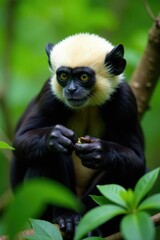 Naklejka premium White headed capuchin foraging in forest undergrowth, leaves, foraging, jungle life