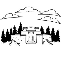 Fototapeta premium Ancient Temple in Forest Illustration with Cloudy Sky for Art Projects and Design