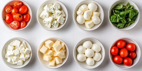 Variety of Fresh Ingredients in Bowls Feta, Mozzarella, Cherry Tomatoes, Basil, and Hard Cheese