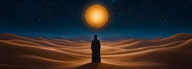 Solitary Traveler in the Desert: A silhouette of a solitary traveler stands against the backdrop of a vast desert landscape under the night sky, illuminated by a celestial orb.
