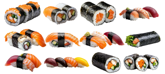 Assorted sushi rolls and nigiri isolated on a transparent  background