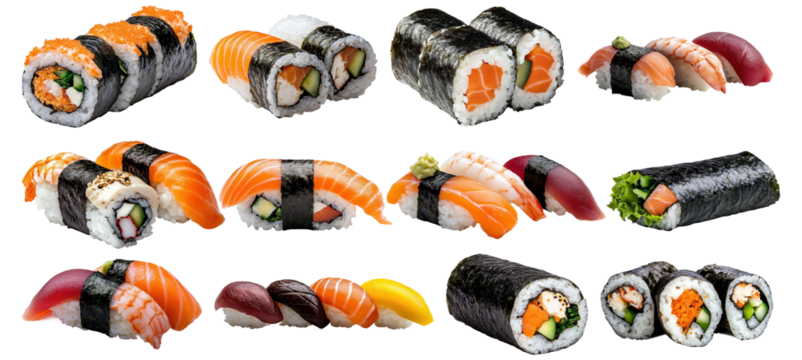 Assorted sushi rolls and nigiri isolated on a transparent  background - Powered by Adobe