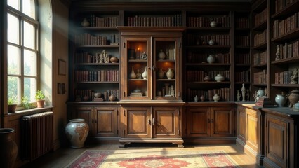 Fototapeta premium Sunlit Study with Antique Bookcases and Pottery Collection