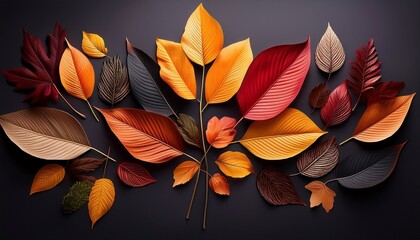 vibrant autumn leaves arrangement on dark background creating a minimalist contemporary nature aesthetic
