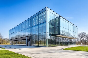 Naklejka premium Modern glass facade of an office building with reflections on a clear day
