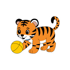 Cute Baby Tiger Playing with Yellow Ball Cartoon Vector