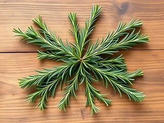 Close-up of fresh rosemary sprigs arranged in a symmetrical pattern on a wooden surface for culinary use and natural remedies.