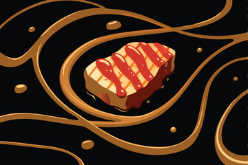 A meticulously plated gourmet steak, showcasing its marbling and sear, accompanied by artfully arranged gourmet sauces forming interesting patterns on the plate.