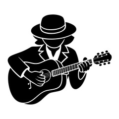 Obraz premium Guitarist Silhouette in Hat Playing Acoustic Music Vector Art