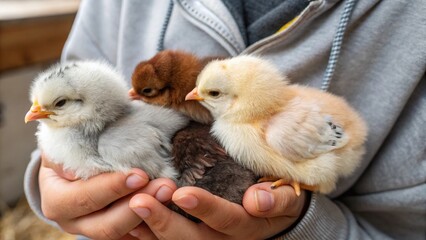 Four precious day-old chicks of different breeds resting peacefully in warm, protective hands