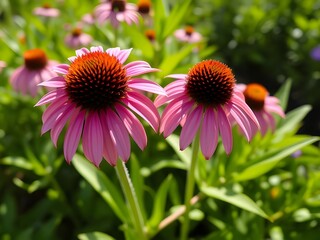 Obraz premium Close-up of vibrant purple coneflowers (Echinacea) blooming in a sunny garden, summer flowers, herbal remedies.