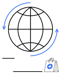 Globe with swooping arrows implying worldwide movement and shopping bag with medical cross indicating healthcare services. Ideal for healthcare, logistics, online shopping, global service, delivery