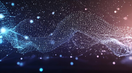 Abstract Digital Network Structure With Glowing Blue Light Particles and Blurred Orange Purple Gradient Background