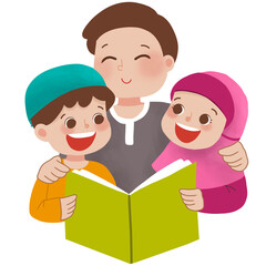 Muslim Father reading book with kids