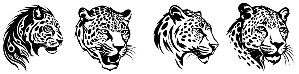 Fototapeta premium set of black silhouettes of cheetah heads