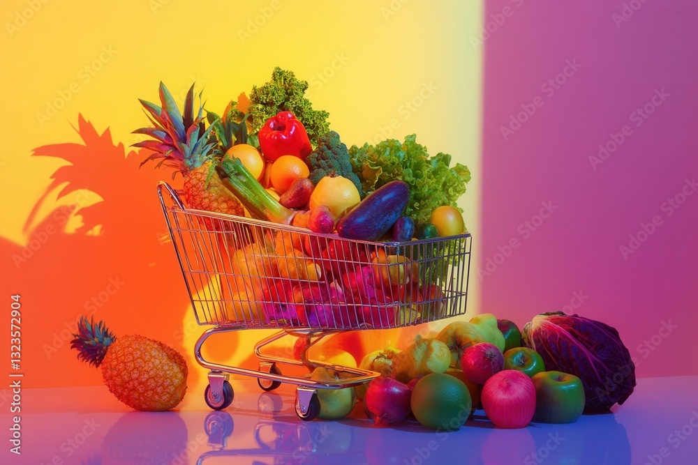 Poster shopping cart filled with fresh fruits and vegetables in vibrant colors against a minimalistic backd