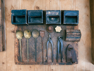 Vintage Tools on Wooden Board, Rustic Still Life Photography
