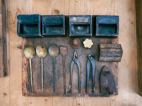 Vintage Tools on Wooden Board, Rustic Still Life Photography