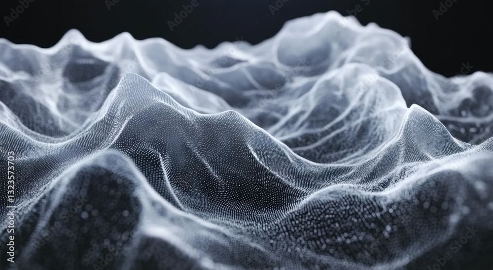 Poster a detailed, close-up shot of an abstract digital landscape made from particles and lines, resembling