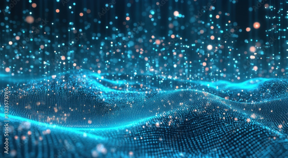 Aufkleber Abstract blue glowing digital particles background with dots and waves, big data technology concept. Abstract digital futuristic wave of light. Digital mesh background.
