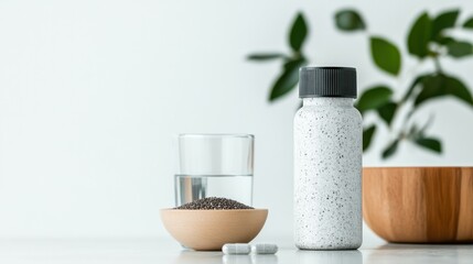 Minimalist Wellness Ritual Eco-Friendly Omega-3 Supplement Composition with Chia Seeds and Sustainable Ceramic Design - Holistic Nutrition Trend