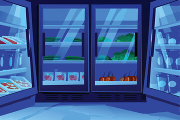 Create a vibrant illustration of a supermarket's frozen food aisle, showcasing diverse products and colorful packaging.  Include realistic details and lighting.