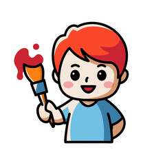 Cute Redheaded Child Artist Holding Paintbrush Vector Illustration
